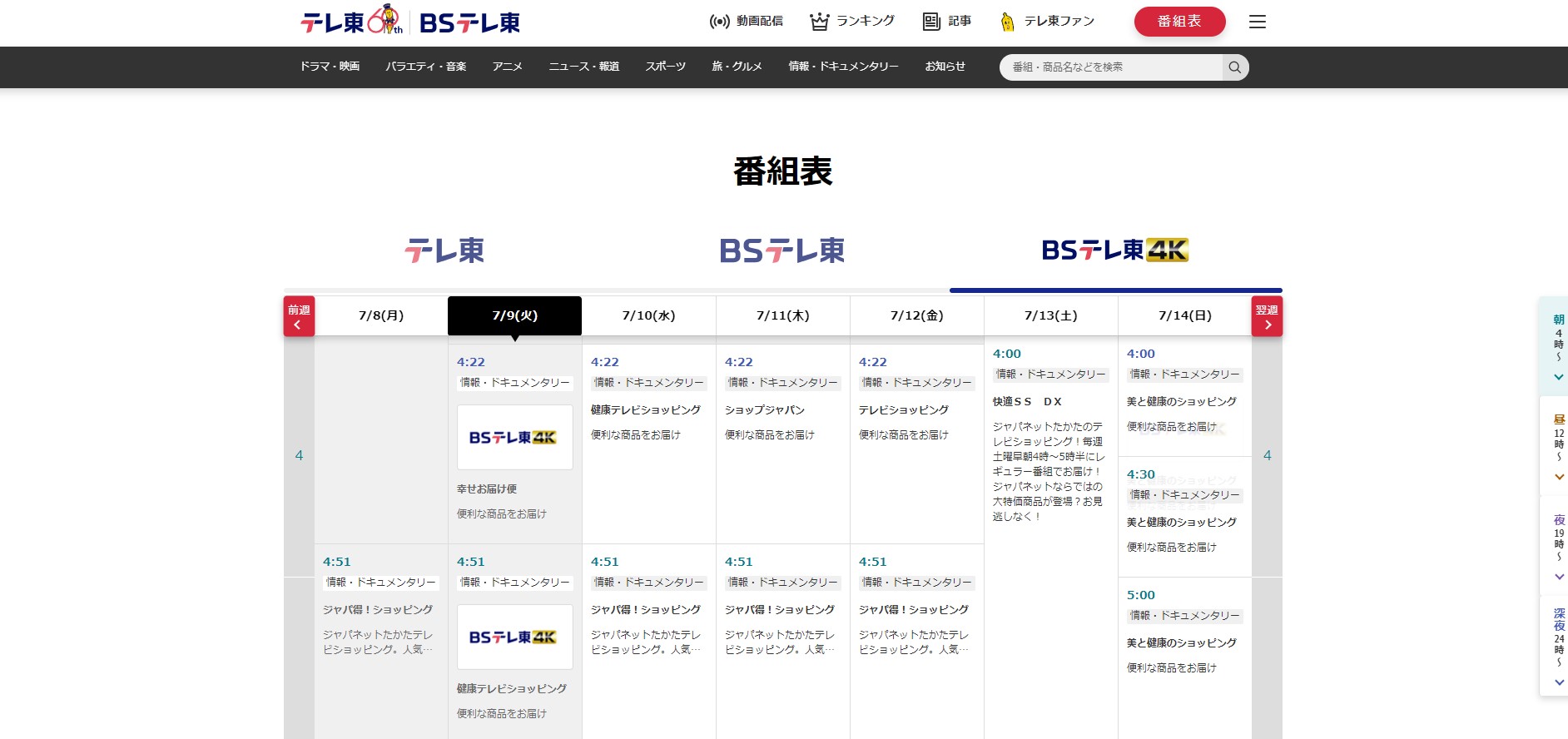 4K放送で見られるチャンネル